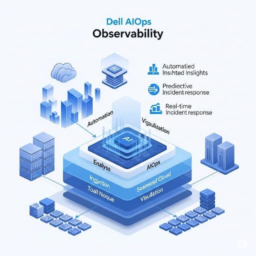 Innoligos Dell AIOps Observability, showcasing various components such as automated insights, predictive incident response, and real-time incident management, along with visual elements representing cloud, automation, and analysis.